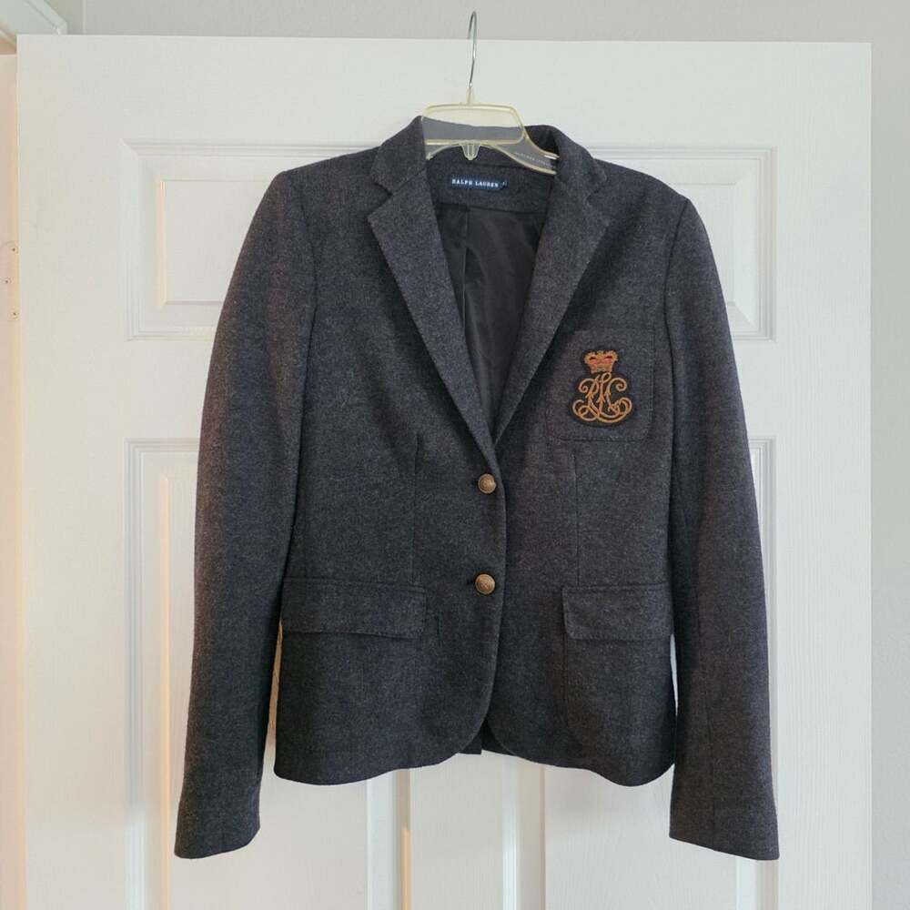 Vtg Ralph Lauren Blue Label Wool Blazer Charcoal Gray sz 8 PRL Crest Y2K Preppy